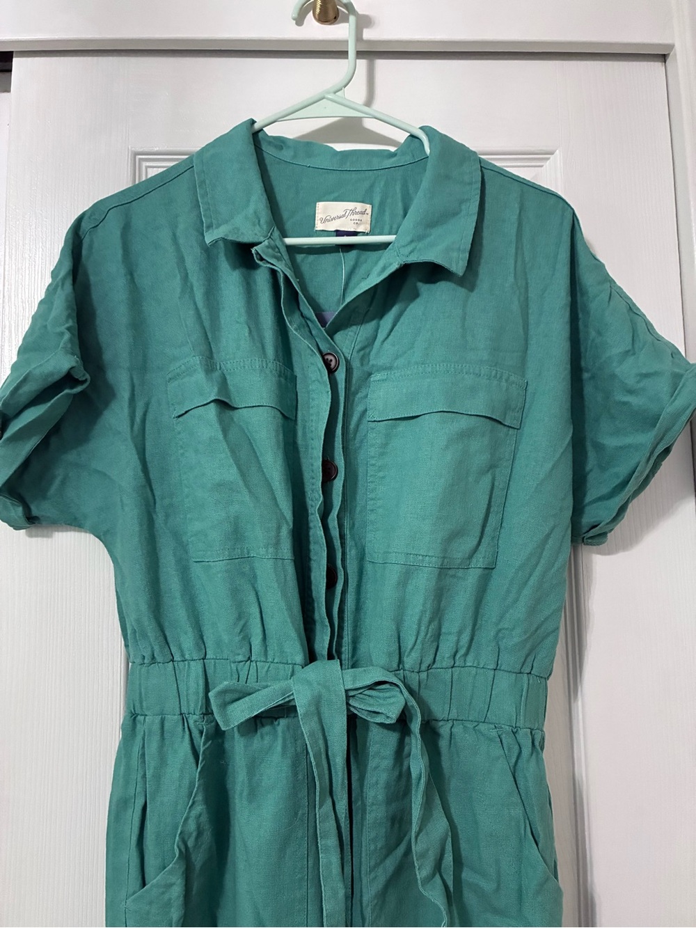 NWT Universal Thread Teal Green Button-Front Jumpsuit with Tie Waist Size 8
